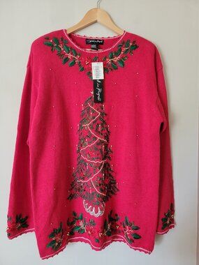 NWT Vintage 90s Ugly Christmas Sweater Red Knit Cotton Ramie Embellished Tree XL
